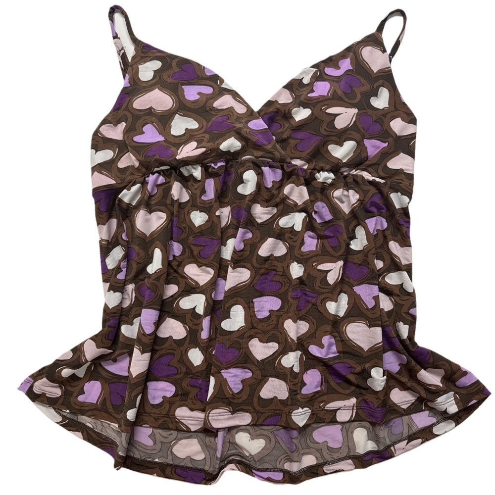 725 OG women's brown/purple graphic heart flowy swim tankini, 3XL.